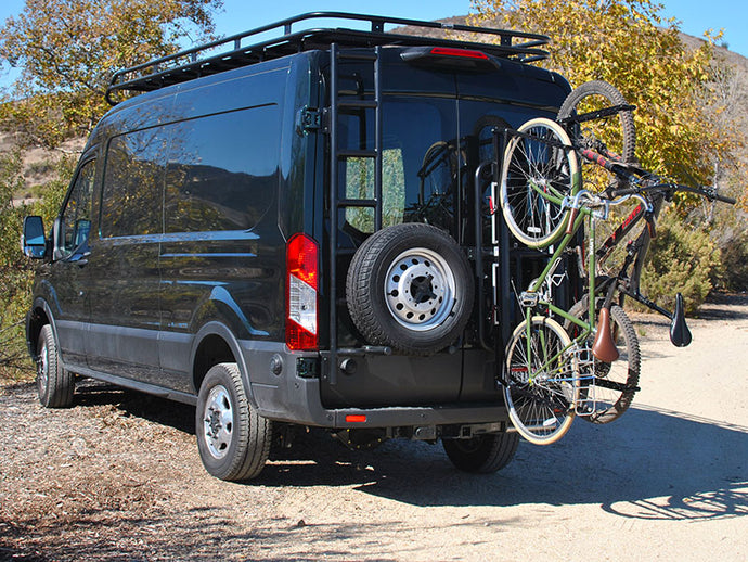 Aluminess Rear Door Hinge-mounted Passenger-side Bike Rack for 2015 and newer Ford Transit Vans  — Lead time 4 to 6 weeks