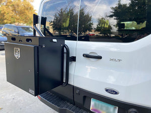 Aluminess Rear Door Hinge-Mounted Tire / Storage Box Rack for Ford Transit Vans — 2015 and Newer — Estimated lead time  to 6 weeks